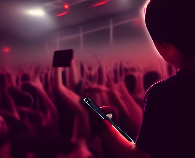 A boy uses his phone to record a video at a metal concert digital art, trending on artstation, hd